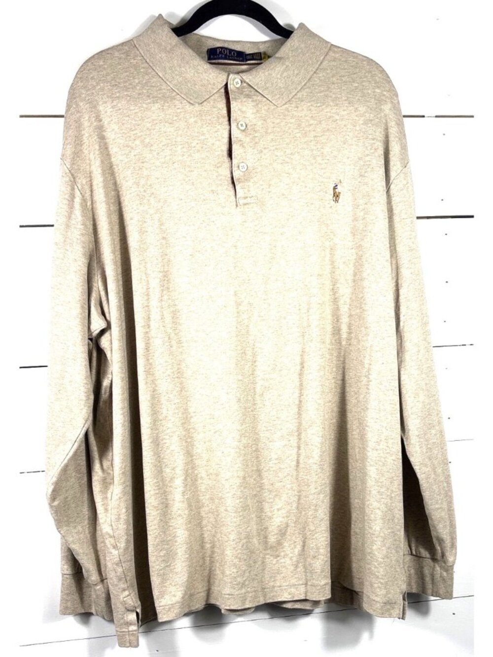 Polo Ralph Lauren Mens Beige Long Sleeve Polo Shirt 2XLT Cotton Embroidered Logo